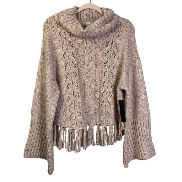 VENUS Sweater Turtle Cowl Neck Knit Ribbed Bell Sleeve Fringe Hem Cozy Warm NWT - Picture 2 of 13